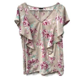 Torrid ruffle Blouse tan khaki flower floral vneck